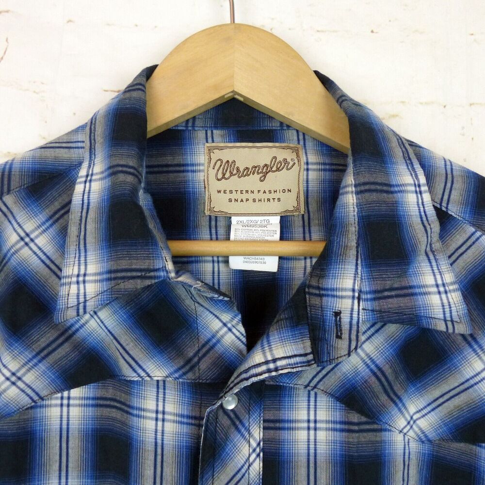 Wrangler Western Shirt Men 2XL Blue Plaid Sawtooth Pocket Pearl Snap Long Sleeve - Picture 5 of 12